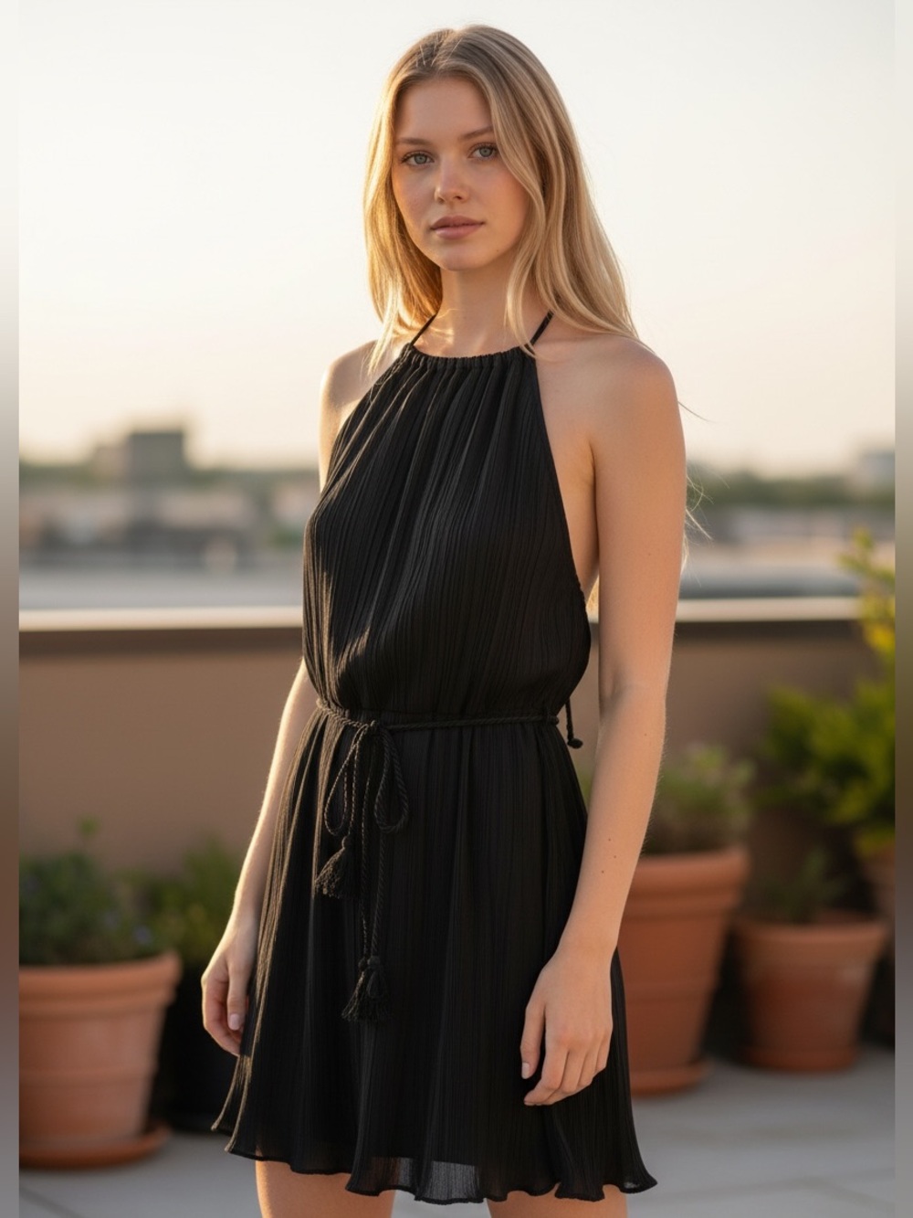Mittoshop Black Pleated Halter Mini Dress with Tassel Tie Waist NWT